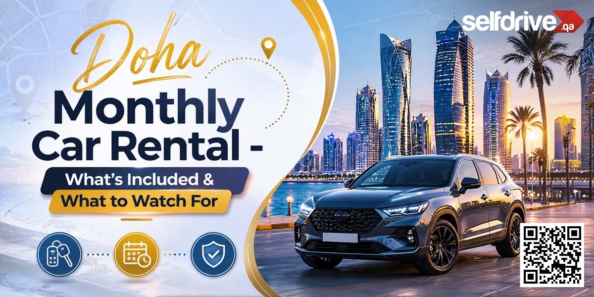 Doha Monthly Car Rental Advertisement. Features an elegant SUV parked by a waterfront, with Doha's skyline in the background at sunset. Bold text highlights rental details with icons for affordability, easy process, and security. QR code on the bottom right.